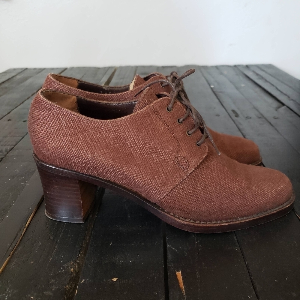 Stephane Kelian Paris Heeled Shoes Burgundy Red Women's 8 Canvas Lace Up Oxford